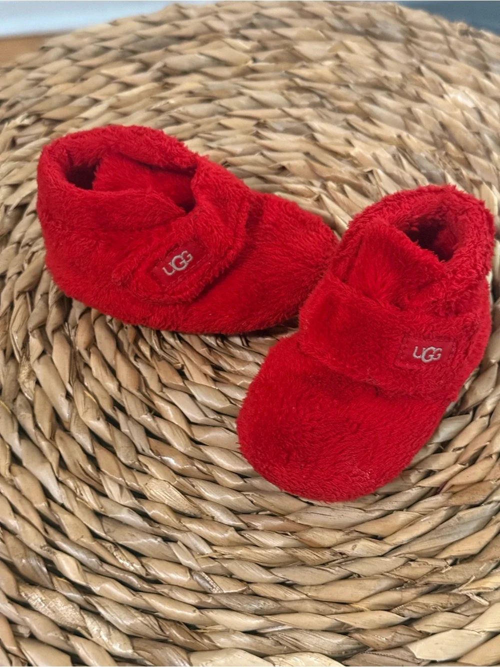 UGG Red Plush Baby Booties with Hook-and-Loop Strap